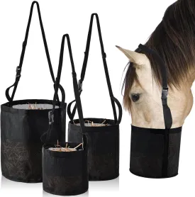 3 Pcs Horse Feed Bag Heavy Duty Mesh Horse Feeder Breathable Grain Bag Mesh Horse Feed Bucket with Adjustable Strap and Waterproof Bottom, Black, 3 Size