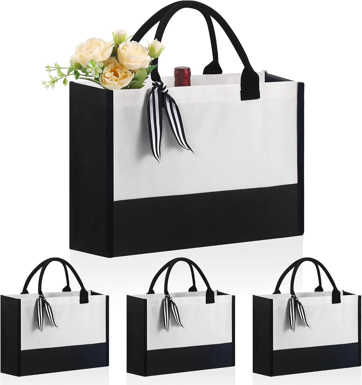 4 PCS Personalized Classic Canvas Tote Bag(Black and White), Inside Zipper Pocket Grocery Tote DIY Gift， for Wedding, Birthday, Beach, Perfect Gifts for Women, Mom, Teachers, Friends