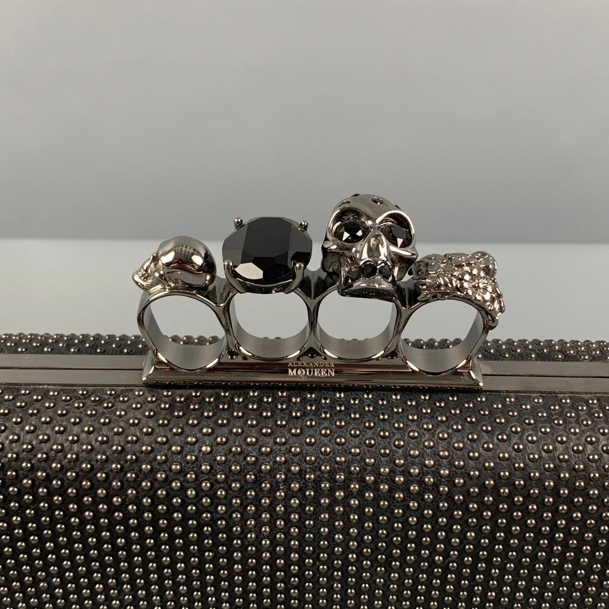 ALEXANDER MCQUEEN Black Silver Studded Leather Metal Knuckle Clutch