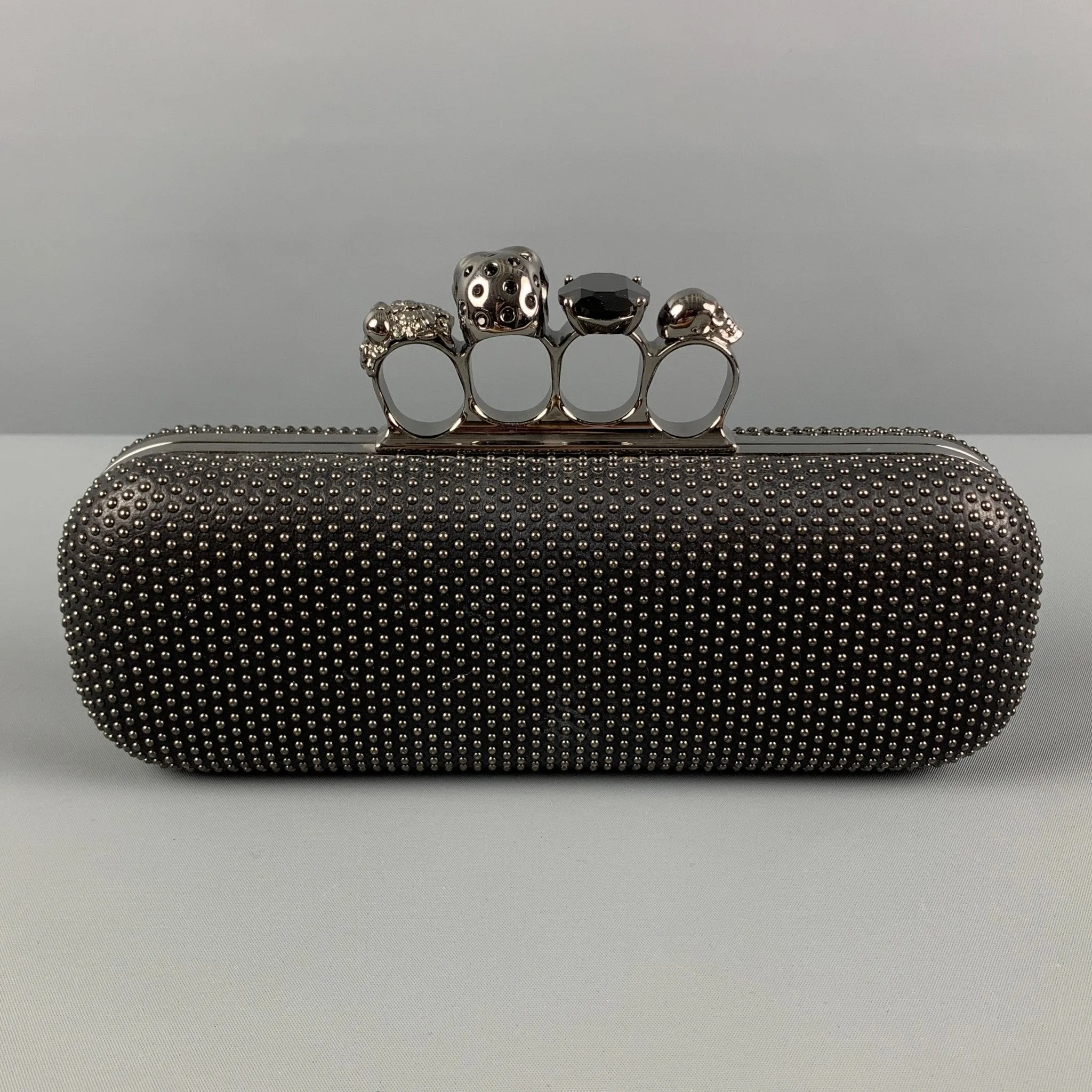 ALEXANDER MCQUEEN Black Silver Studded Leather Metal Knuckle Clutch