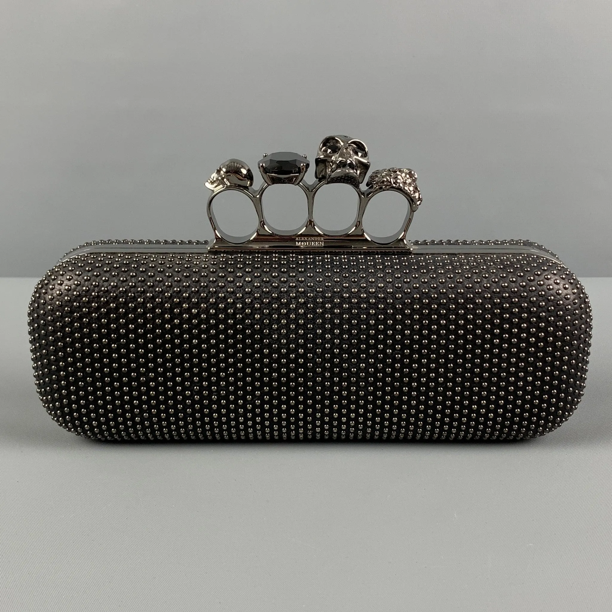 ALEXANDER MCQUEEN Black Silver Studded Leather Metal Knuckle Clutch