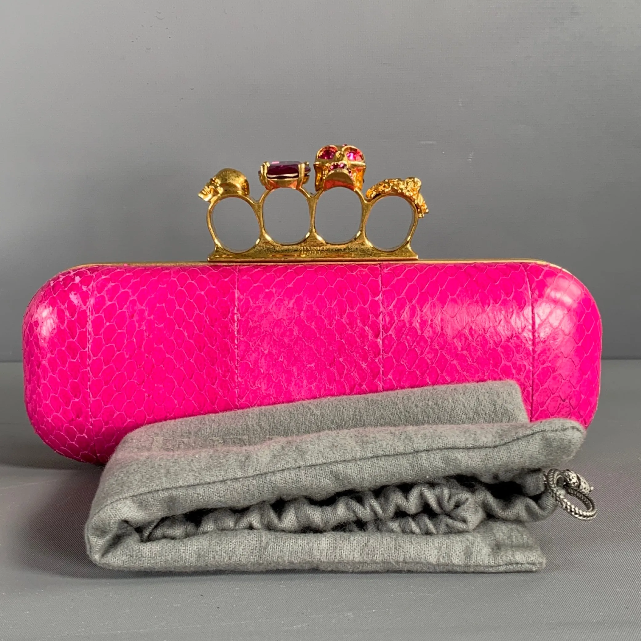 ALEXANDER MCQUEEN Gold Fuchsia Snake Skin Metal Clutch Handbag & Leather Goods
