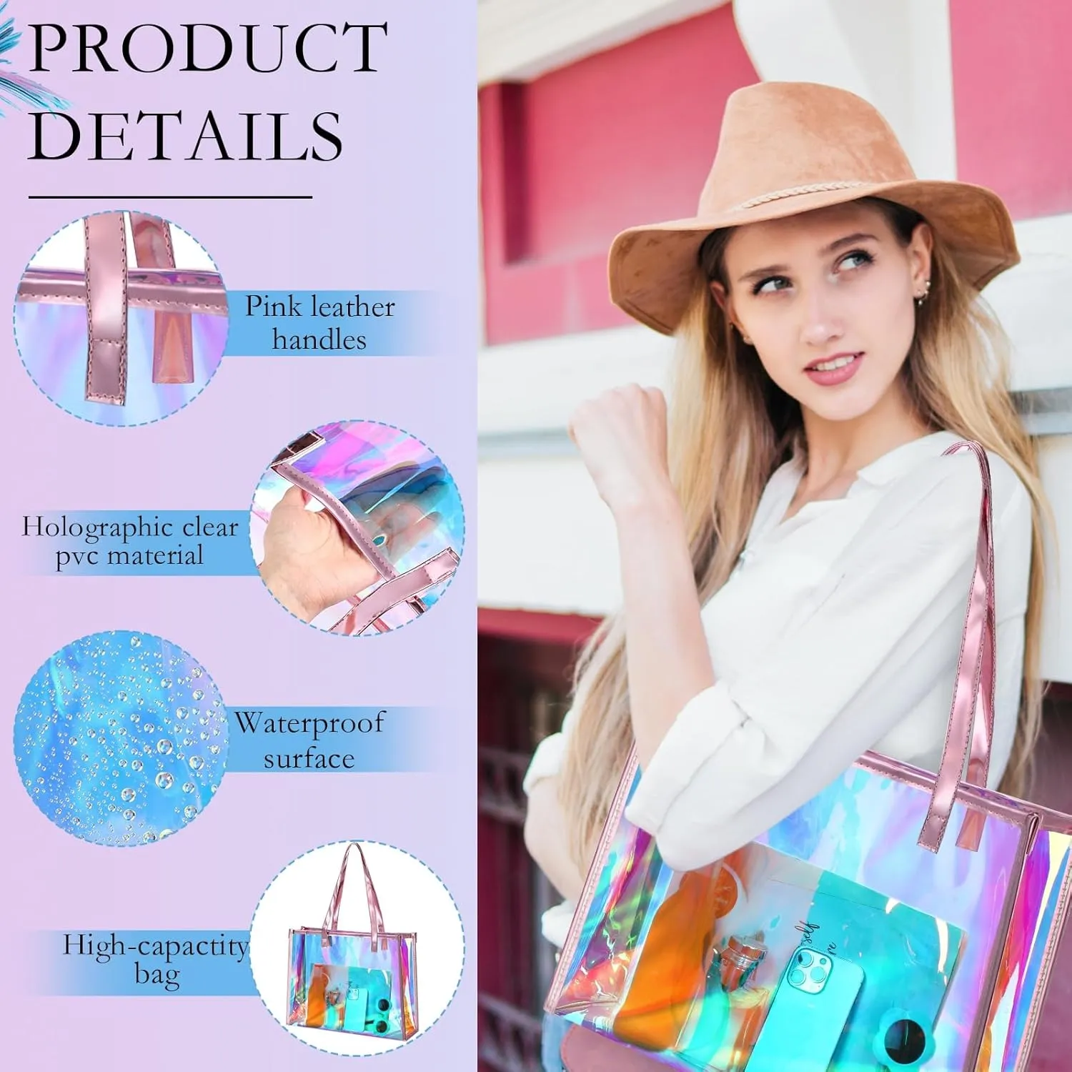 Aliceset Holographic Clear Tote Bag with Leather Handle Iridescent Bachelorette Beach Bag for Work Stadium Travel