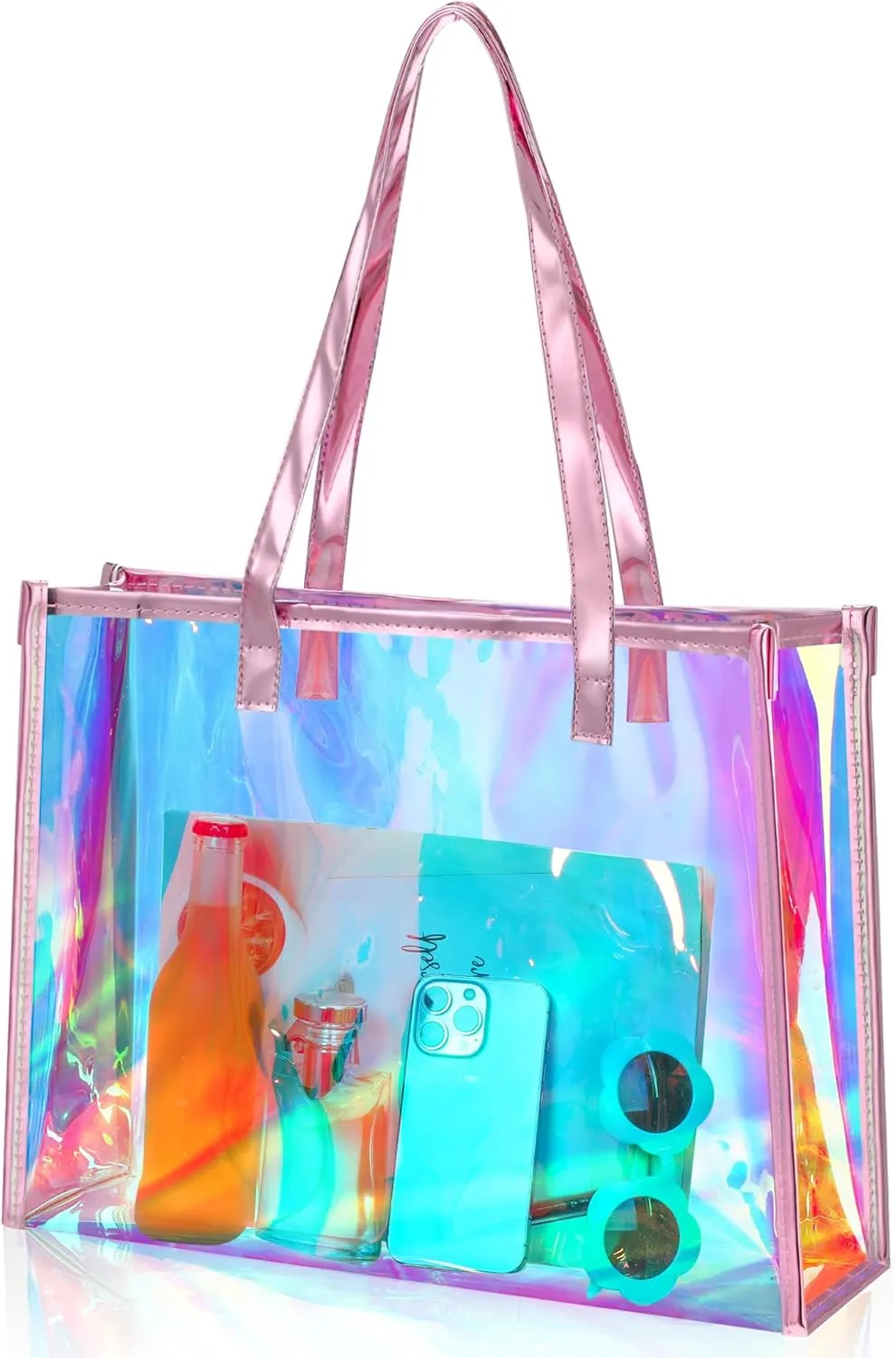 Aliceset Holographic Clear Tote Bag with Leather Handle Iridescent Bachelorette Beach Bag for Work Stadium Travel