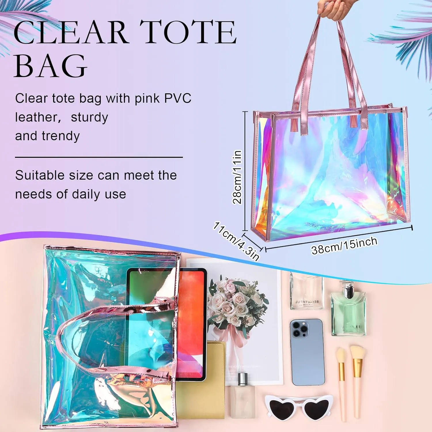 Aliceset Holographic Clear Tote Bag with Leather Handle Iridescent Bachelorette Beach Bag for Work Stadium Travel
