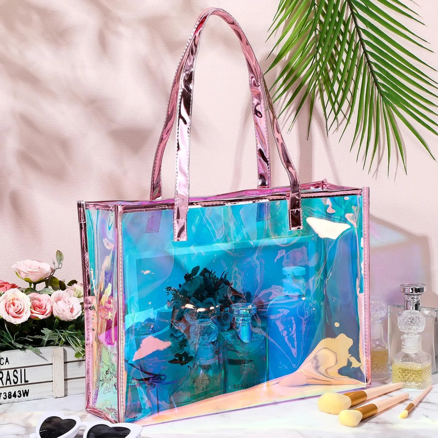 Aliceset Holographic Clear Tote Bag with Leather Handle Iridescent Bachelorette Beach Bag for Work Stadium Travel