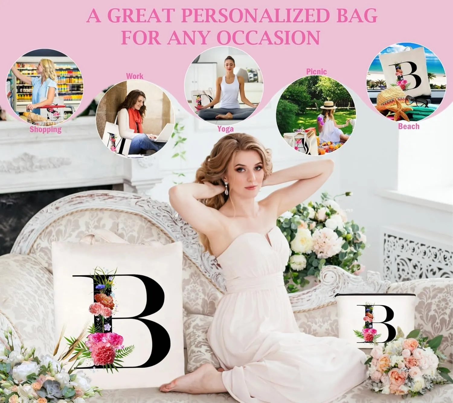 Andeiltech Initial Canvas Tote Bag Floral Letter Personalized Makeup Bag Monogrammed Gift for Bridesmaids Birthday Wedding