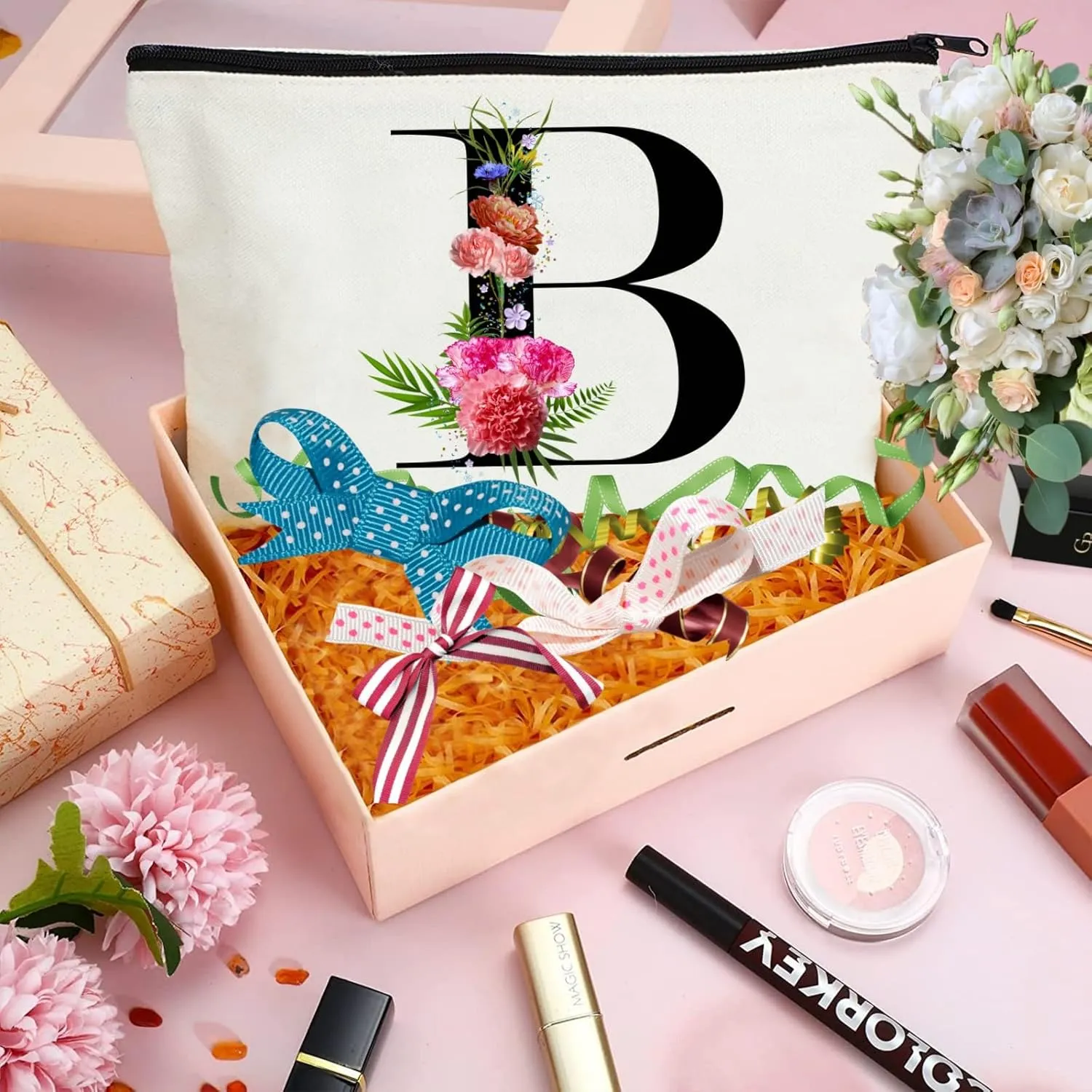 Andeiltech Initial Canvas Tote Bag Floral Letter Personalized Makeup Bag Monogrammed Gift for Bridesmaids Birthday Wedding