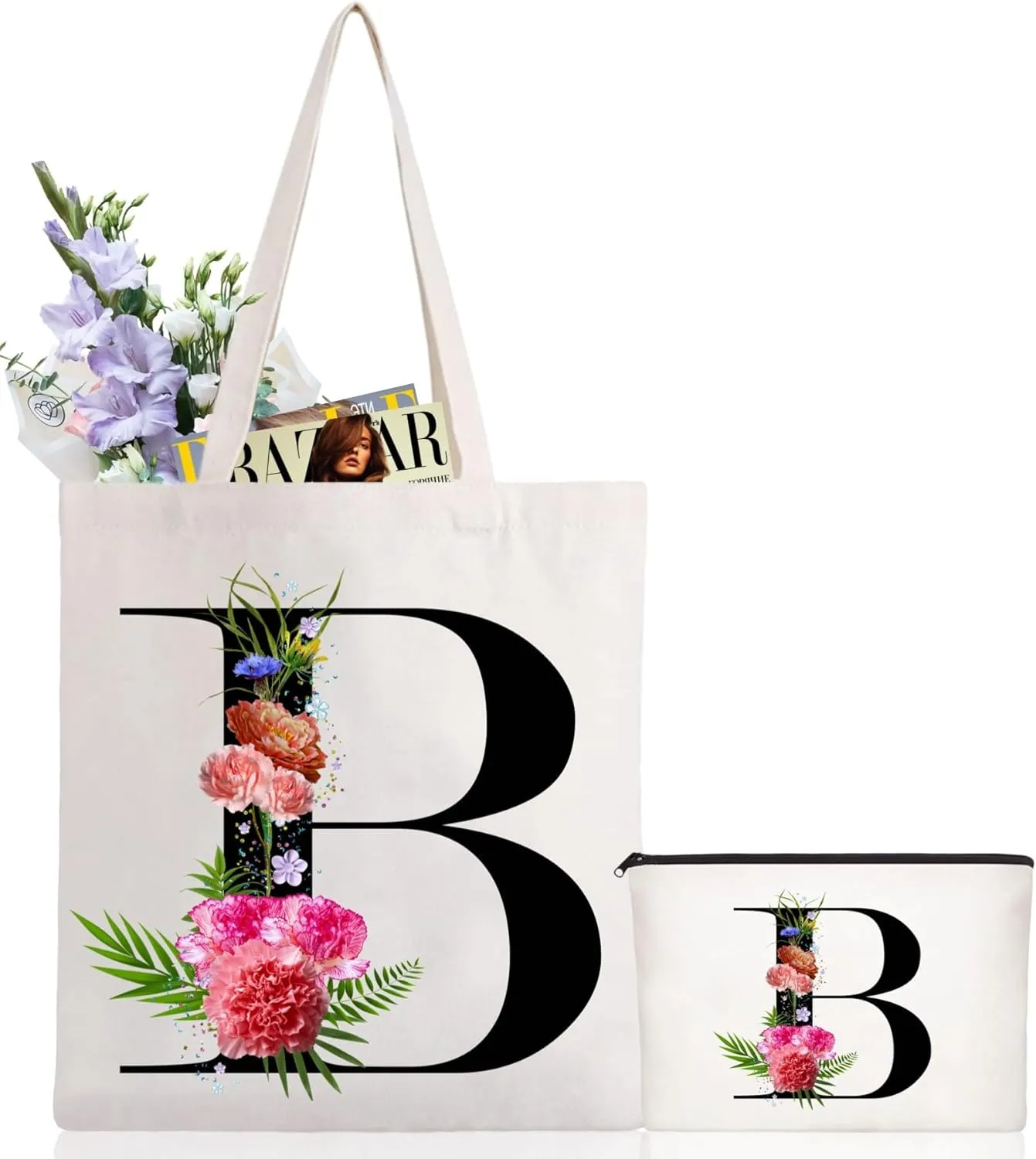 Andeiltech Initial Canvas Tote Bag Floral Letter Personalized Makeup Bag Monogrammed Gift for Bridesmaids Birthday Wedding
