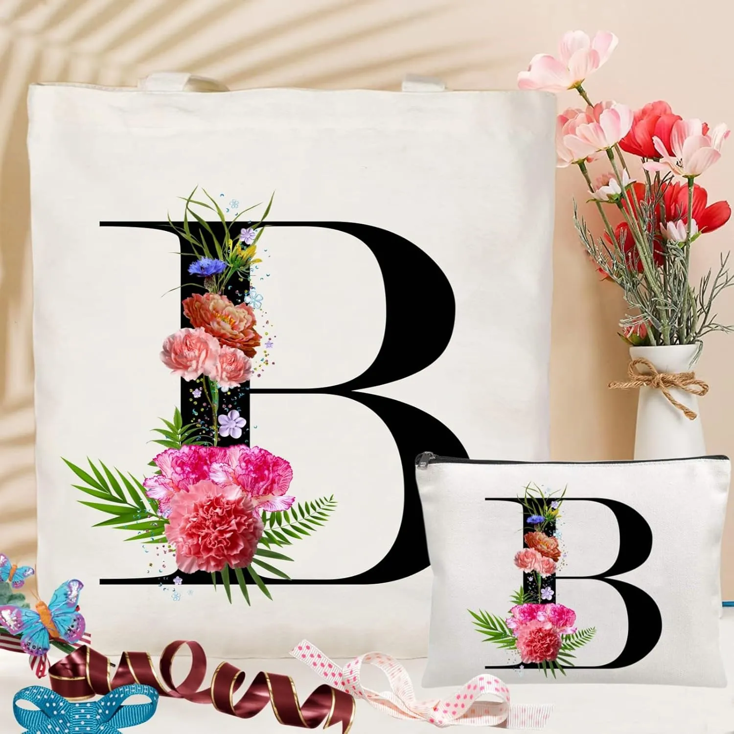 Andeiltech Initial Canvas Tote Bag Floral Letter Personalized Makeup Bag Monogrammed Gift for Bridesmaids Birthday Wedding