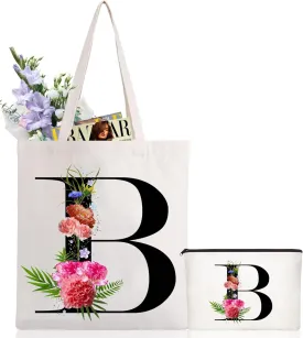 Andeiltech Initial Canvas Tote Bag Floral Letter Personalized Makeup Bag Monogrammed Gift for Bridesmaids Birthday Wedding