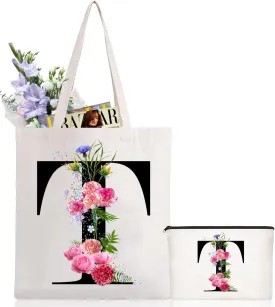 Andeiltech Initial Canvas Tote Bag Floral Letter Personalized Makeup Bag Monogrammed Gift for Bridesmaids Birthday Wedding