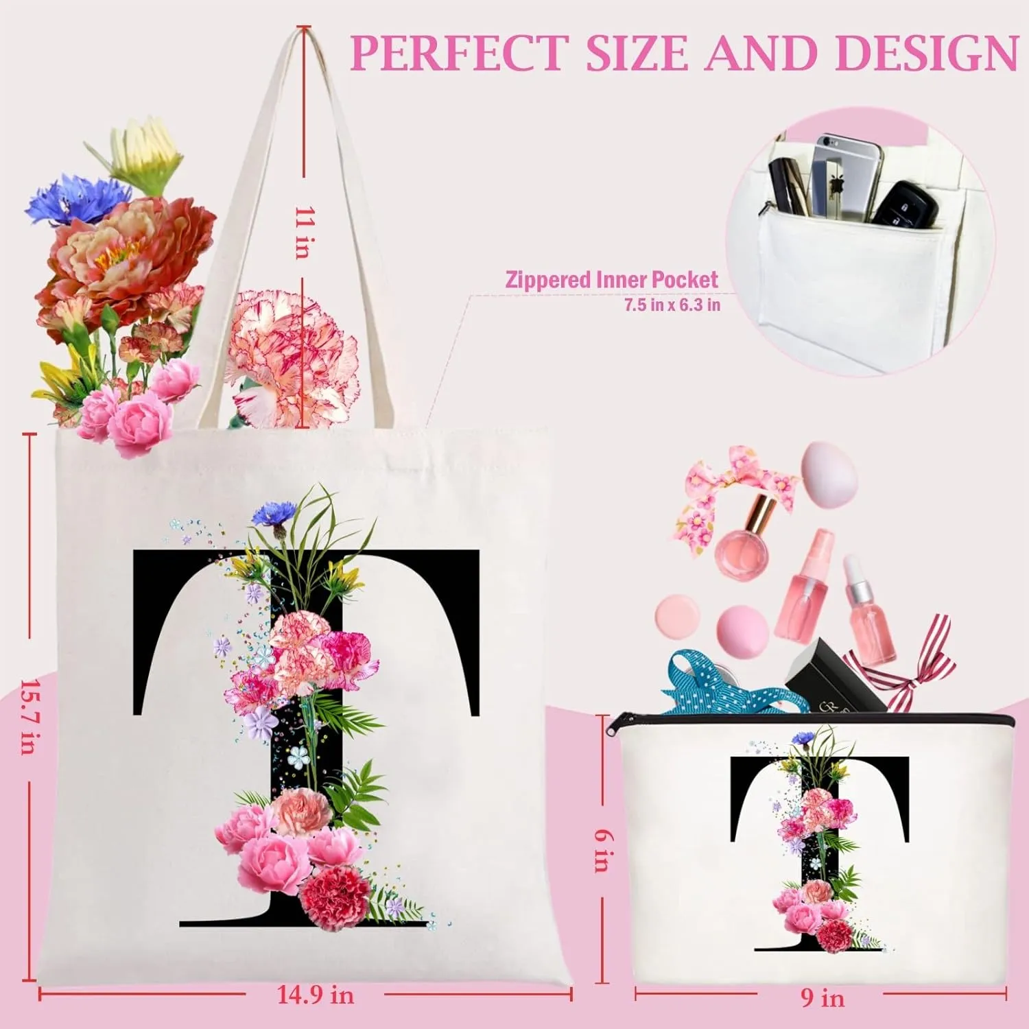 Andeiltech Initial Canvas Tote Bag Floral Letter Personalized Makeup Bag Monogrammed Gift for Bridesmaids Birthday Wedding