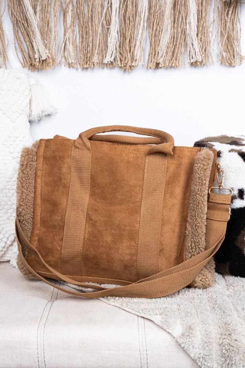 Be Clever Aspen Adventure Sherpa Trimmed Brown Faux Suede Tote