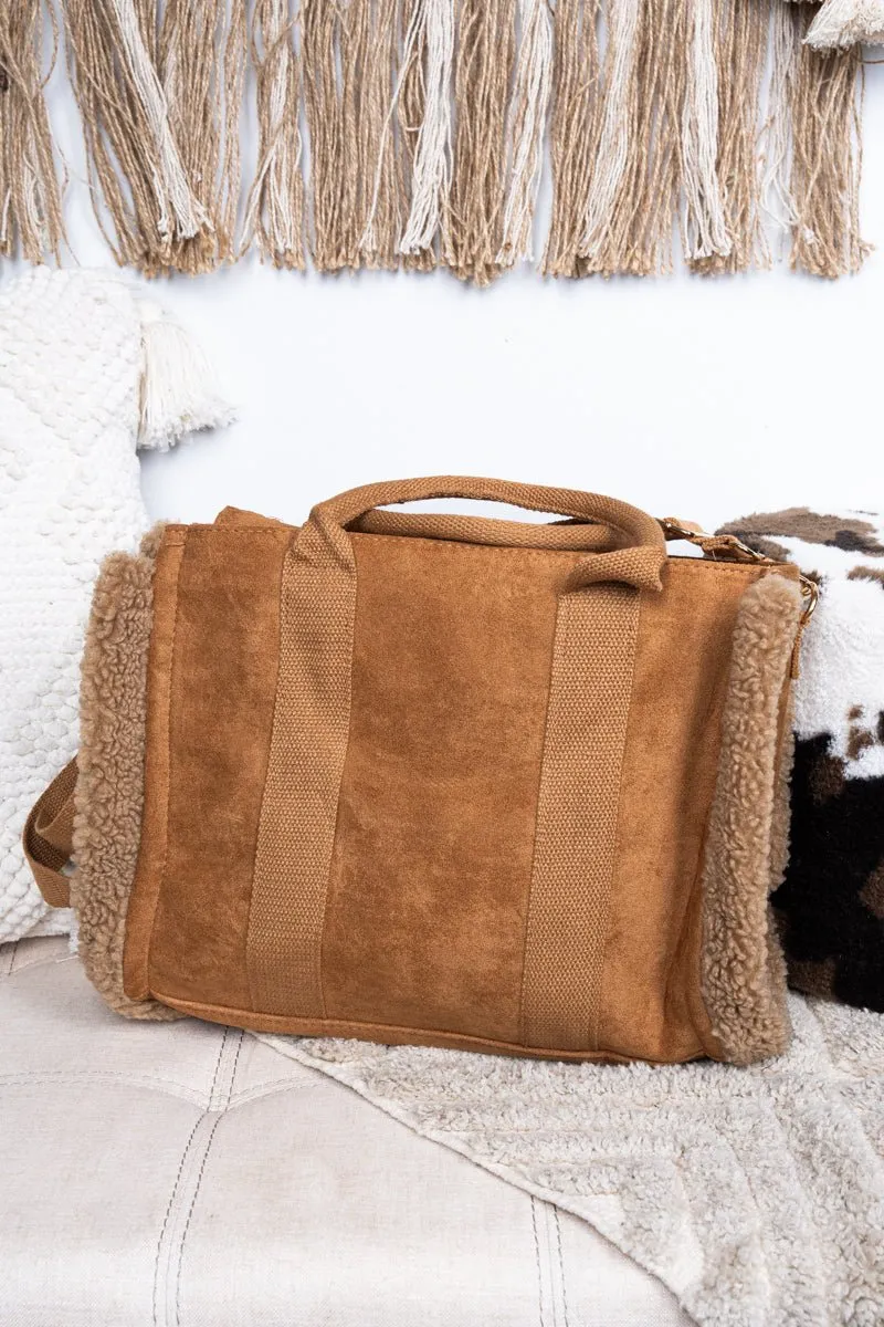 Be Clever Aspen Adventure Sherpa Trimmed Brown Faux Suede Tote
