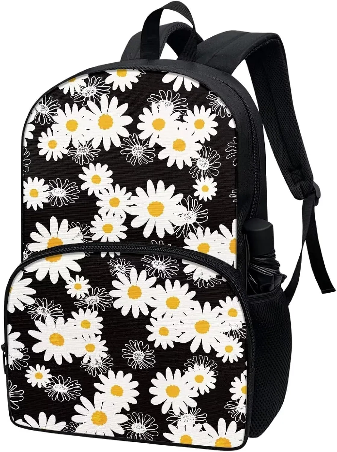 Black Daisy Backpacks for Girls Student Durable Lightweight Large Capacity 17 Inch Cute Elementary School Backpack Kids Double Zipper Bookbag Travel Daypack with Front Pocket