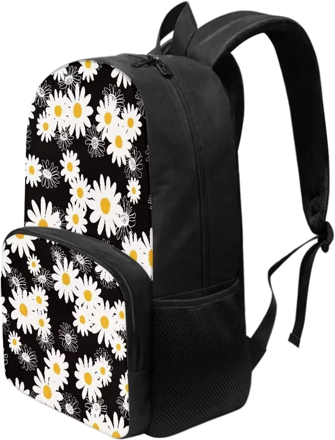 Black Daisy Backpacks for Girls Student Durable Lightweight Large Capacity 17 Inch Cute Elementary School Backpack Kids Double Zipper Bookbag Travel Daypack with Front Pocket
