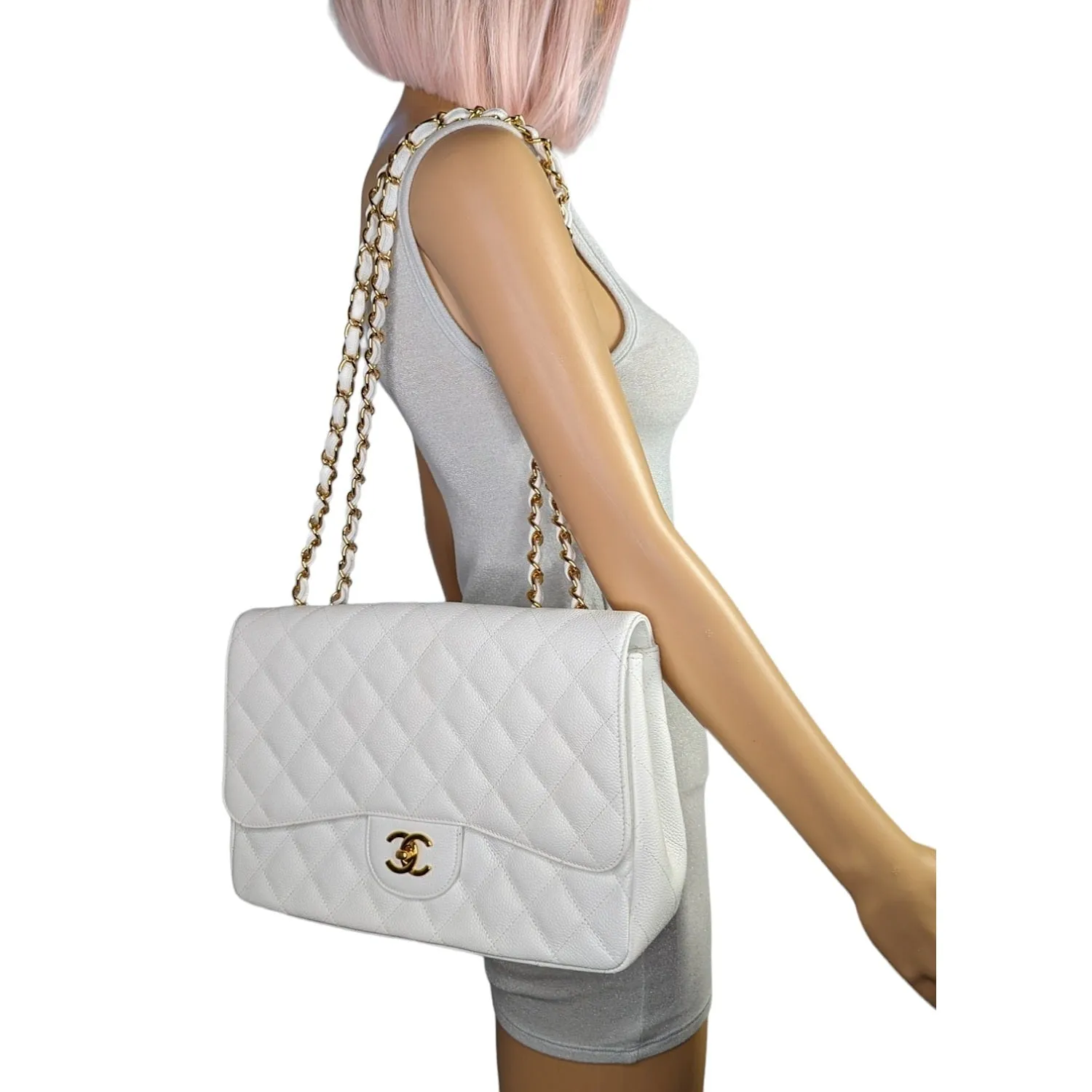 Chanel Bag Vintage Classic Quilted Caviar Single White Jumbo Flap