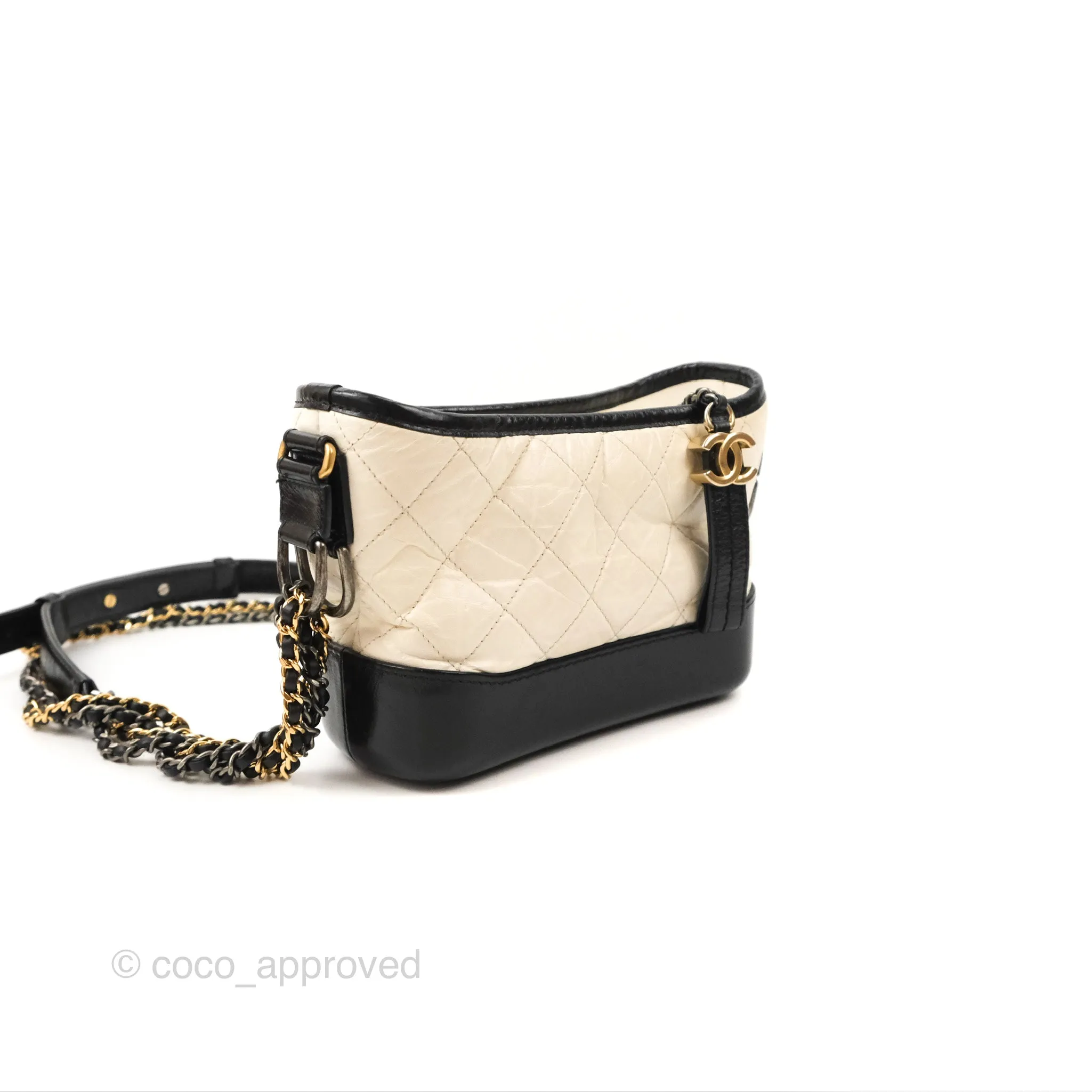 Chanel Quilted Small Gabrielle Hobo Black White Aged Calfskin Mixed Hardware