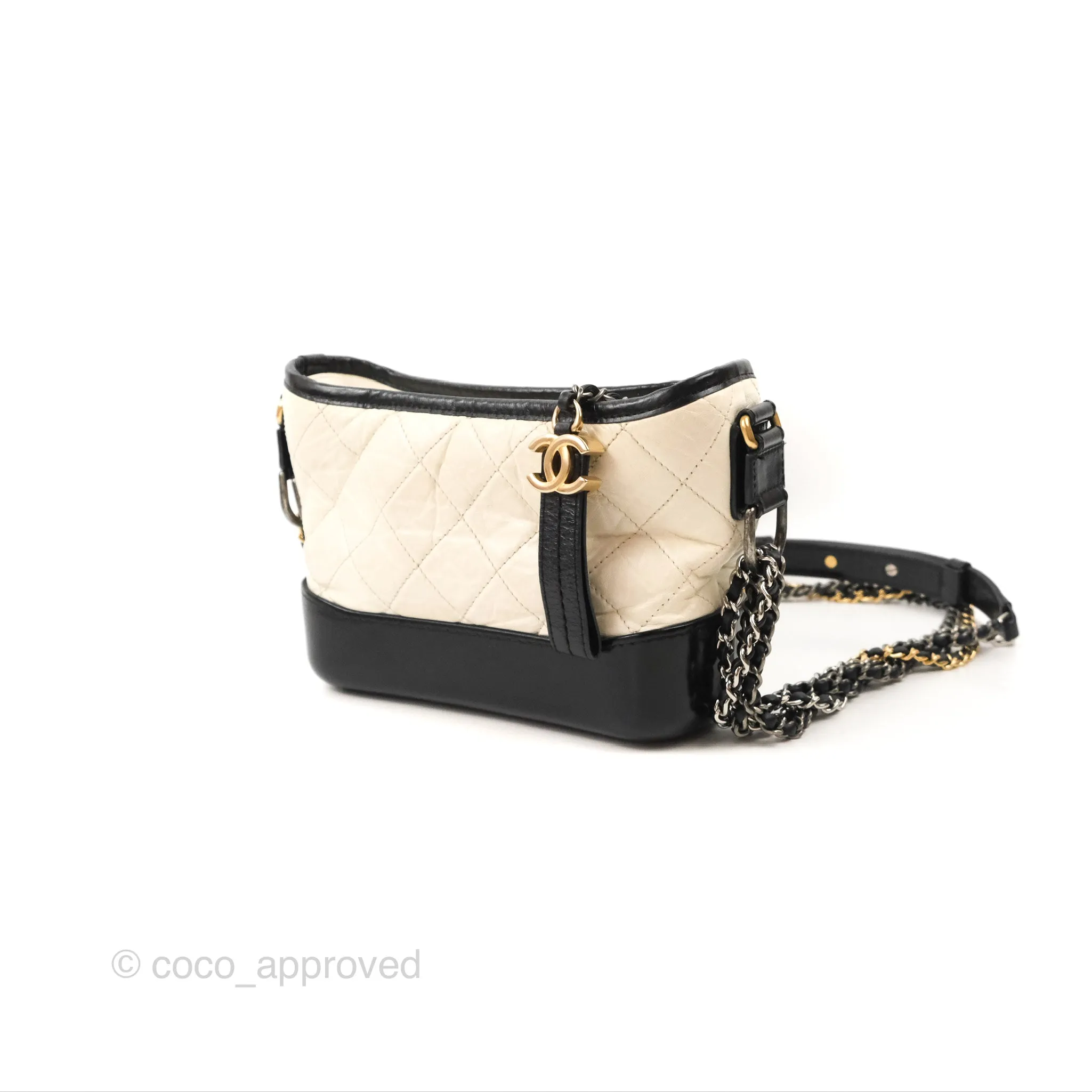 Chanel Quilted Small Gabrielle Hobo Black White Aged Calfskin Mixed Hardware