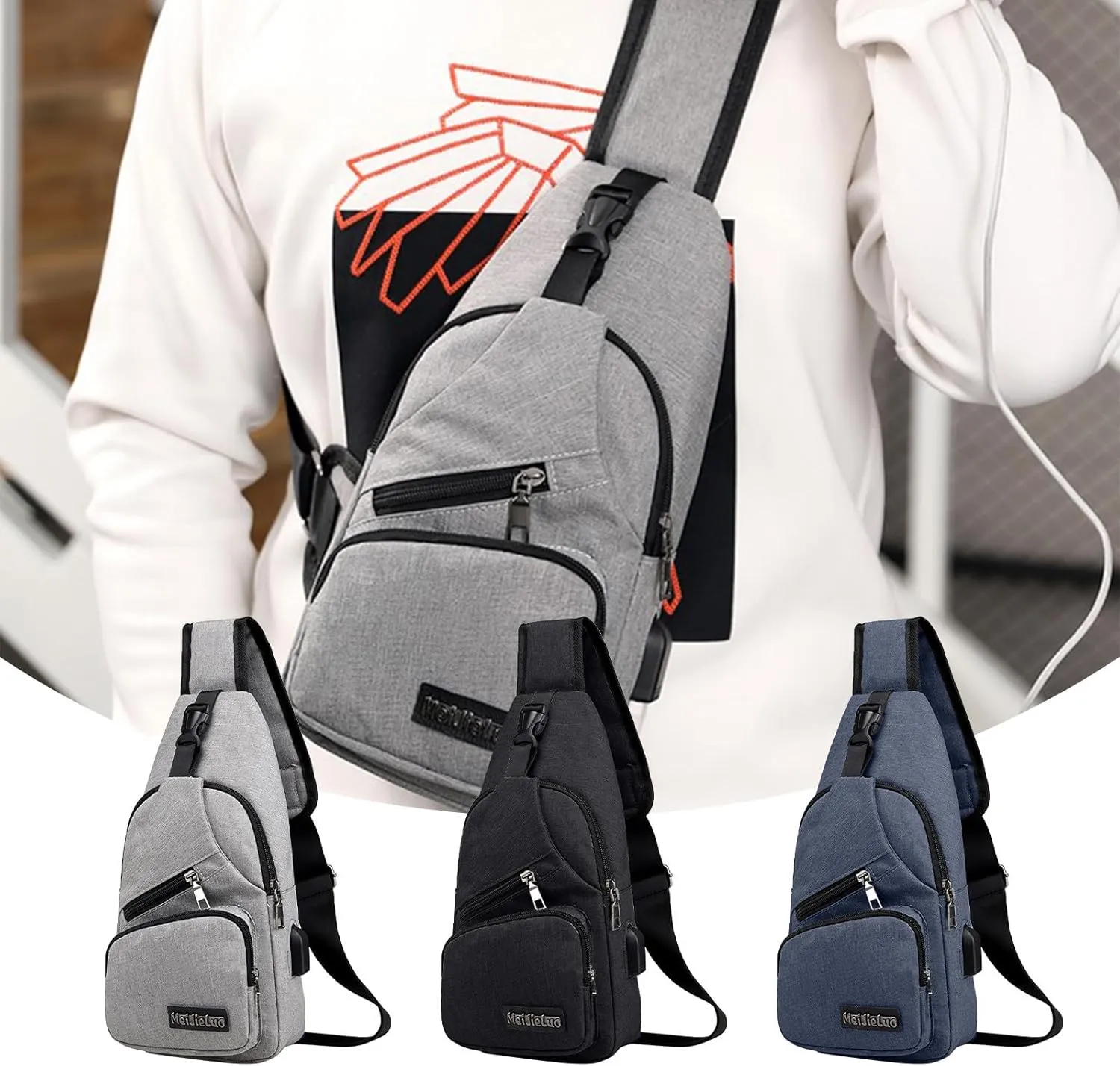 Crossbody Sling Bag, Water-Proof Crossbody Backpack/Shoulder Bag with USB Charging Port, Lightweight Shoulder Chest Bags (Gray)