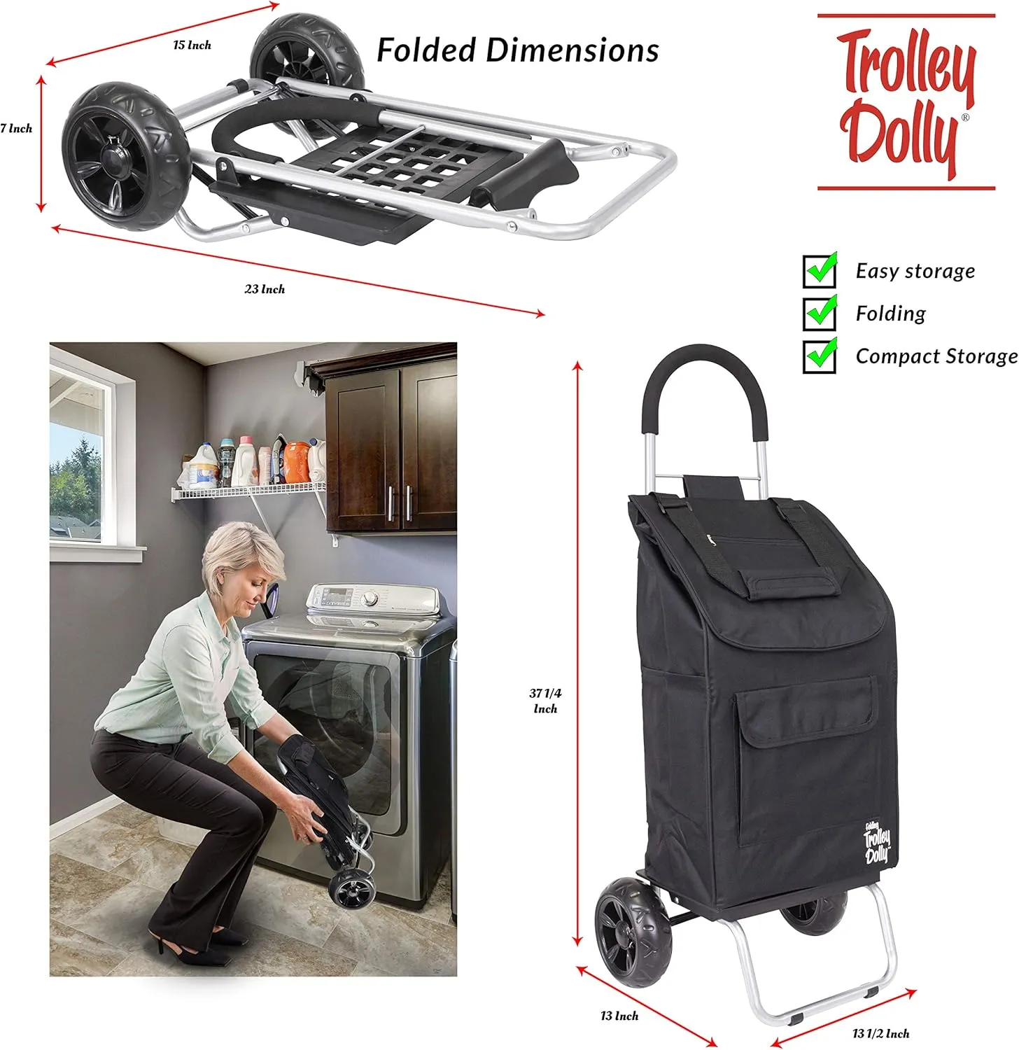 dbest products Trolley Dolly Black Foldable Shopping cart for Groceries with Wheels and Removable Bag and Rolling Personal Handtruck Standard