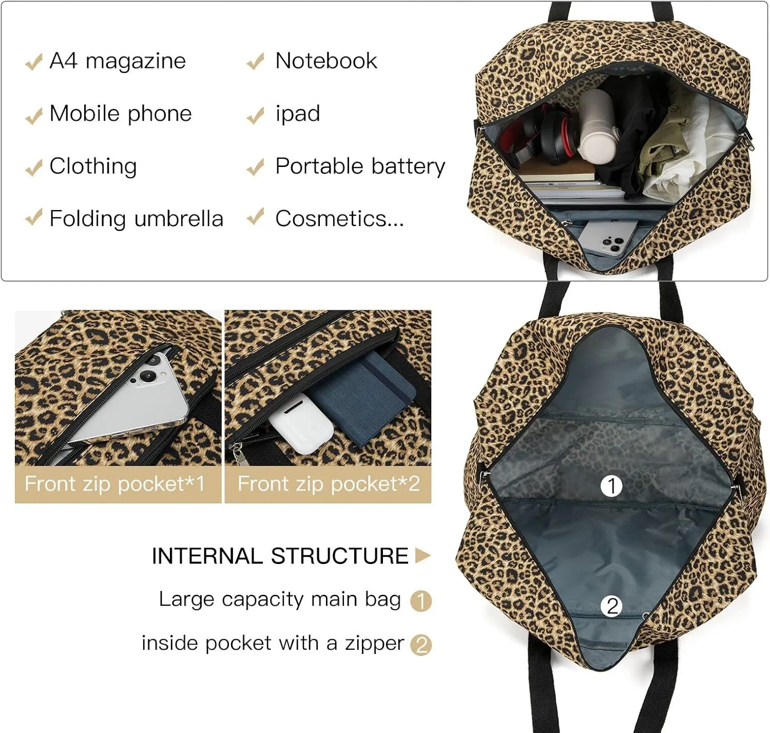 Foldable Travel Duffel Bag, Medium Women's Weekender and Overnight bag carry on Luggage bag for Women(Leopard)