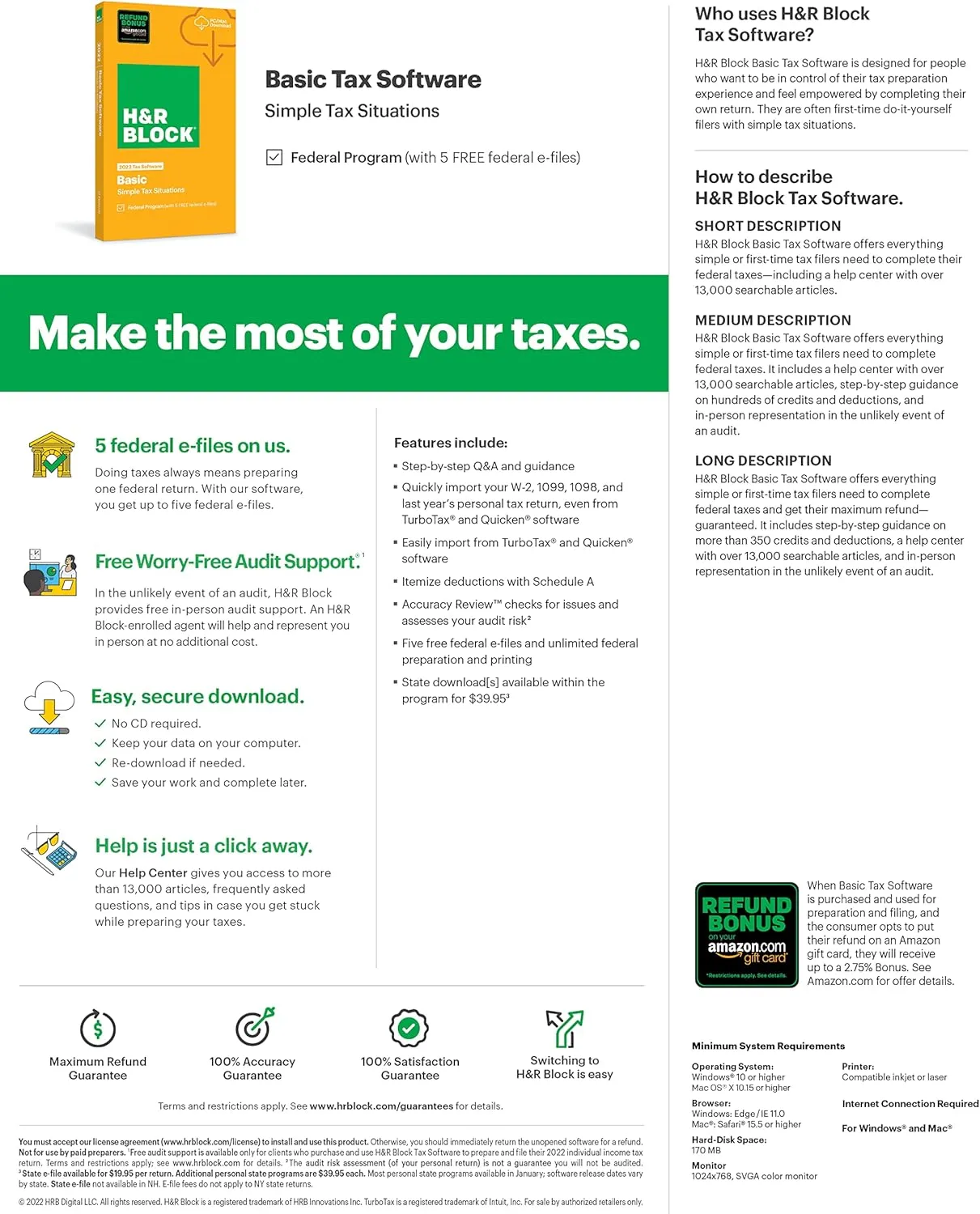 H&R Block Tax Software Basic 2022 with Refund Bonus Offer (Amazon Exclusive) [Mac Download] (Old Version)
