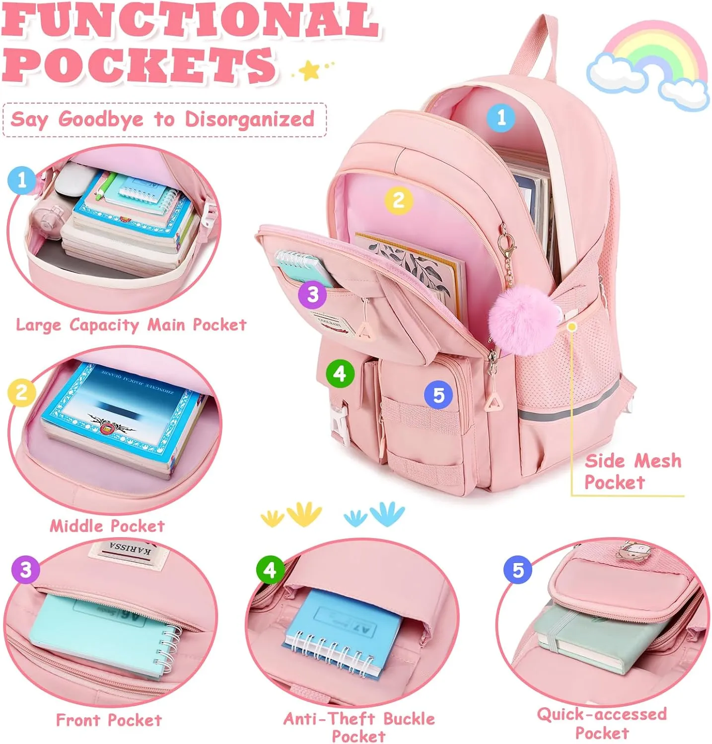 Kawaii Girls Backpack for School, Cute Teenage Multiple Pockets Backpack, Fashion Bookbag for Primary Elementary High School, Pink