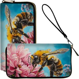 Ladies Wallet,Clutch Purses for Women Wallets Leather Credit Card Holder for Women Wristlet Slim Small Cute with Zipper,Thin RFID Blocking with Wrist Strap,Bee Pink Floral