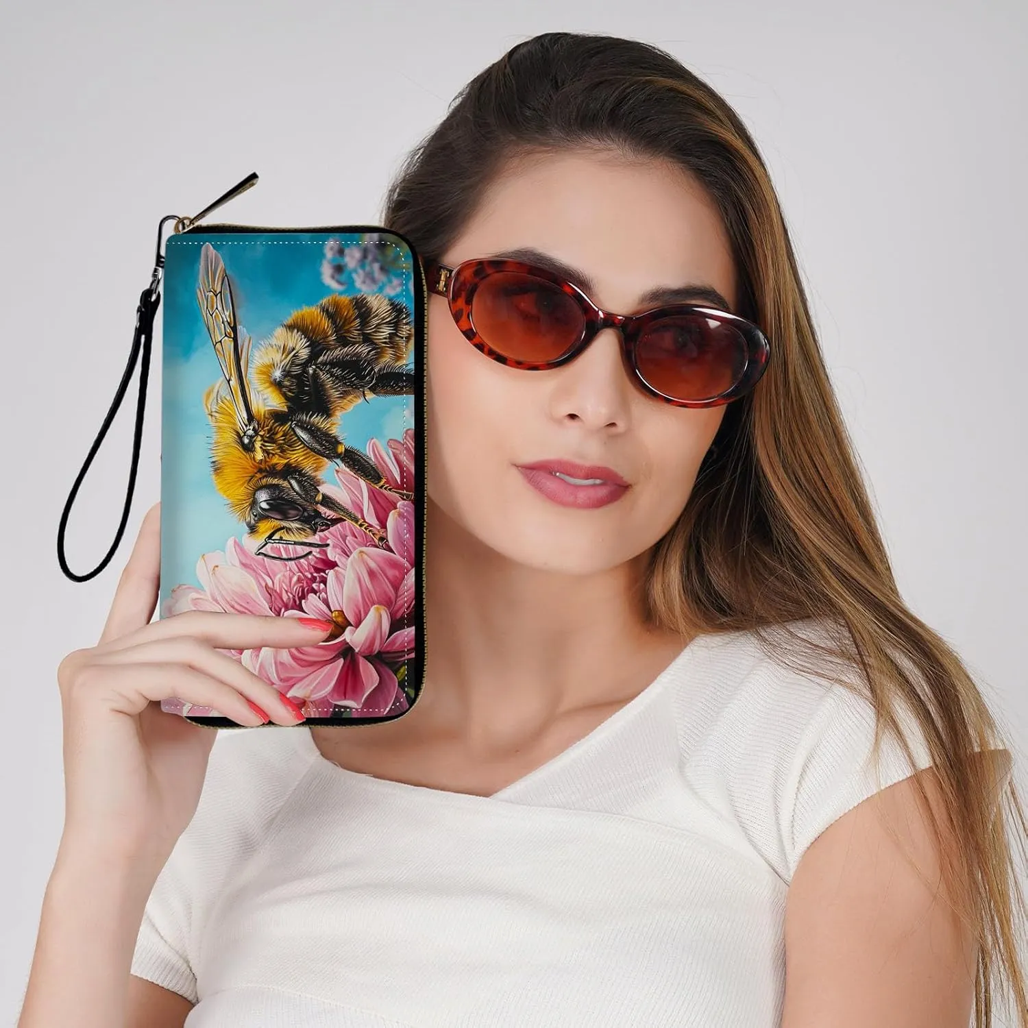 Ladies Wallet,Clutch Purses for Women Wallets Leather Credit Card Holder for Women Wristlet Slim Small Cute with Zipper,Thin RFID Blocking with Wrist Strap,Bee Pink Floral