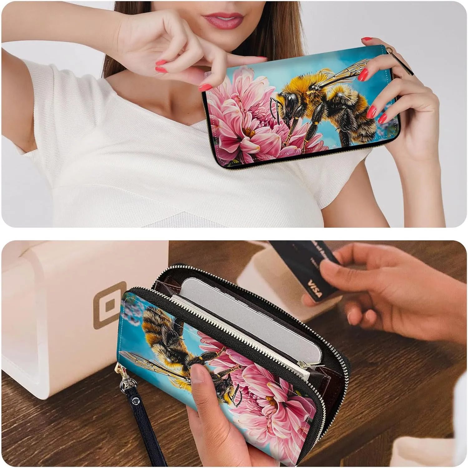 Ladies Wallet,Clutch Purses for Women Wallets Leather Credit Card Holder for Women Wristlet Slim Small Cute with Zipper,Thin RFID Blocking with Wrist Strap,Bee Pink Floral