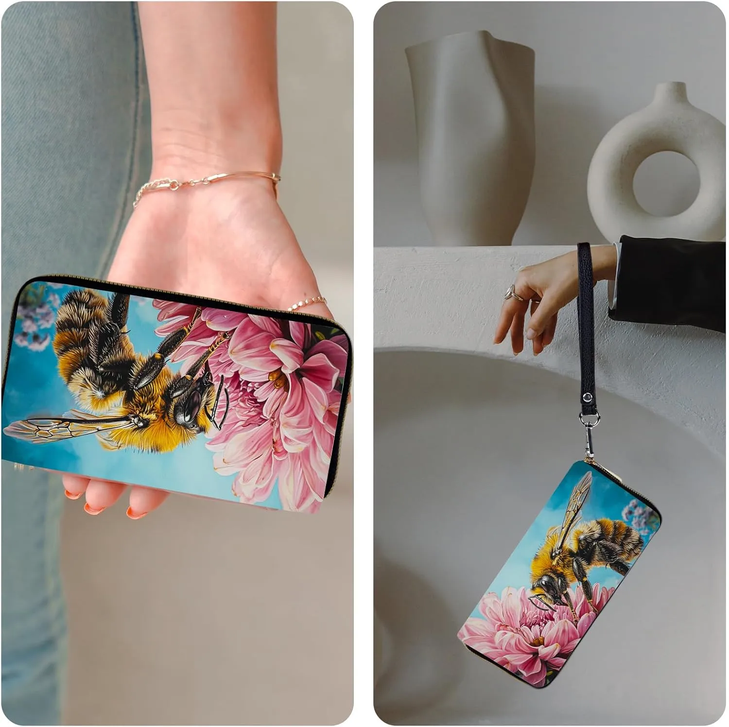 Ladies Wallet,Clutch Purses for Women Wallets Leather Credit Card Holder for Women Wristlet Slim Small Cute with Zipper,Thin RFID Blocking with Wrist Strap,Bee Pink Floral