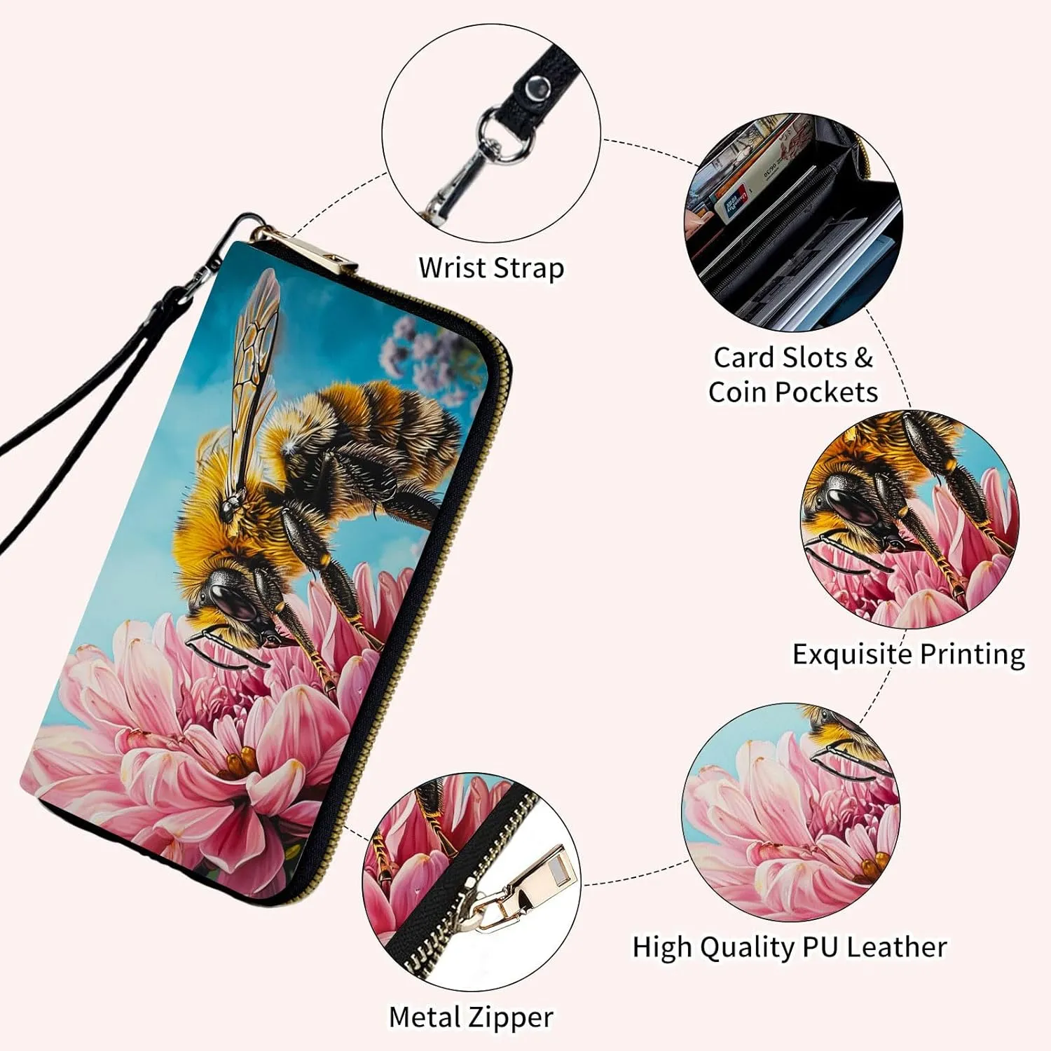 Ladies Wallet,Clutch Purses for Women Wallets Leather Credit Card Holder for Women Wristlet Slim Small Cute with Zipper,Thin RFID Blocking with Wrist Strap,Bee Pink Floral