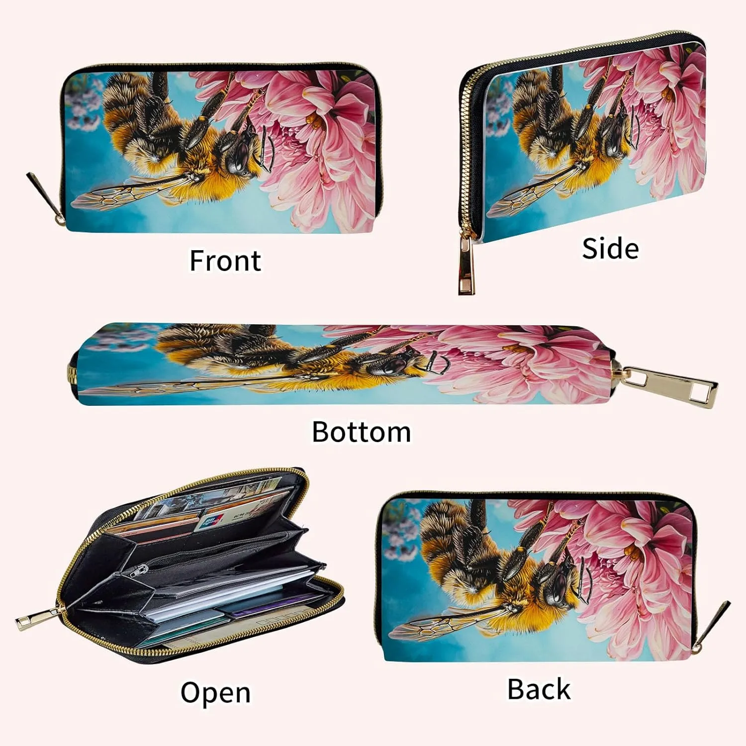 Ladies Wallet,Clutch Purses for Women Wallets Leather Credit Card Holder for Women Wristlet Slim Small Cute with Zipper,Thin RFID Blocking with Wrist Strap,Bee Pink Floral