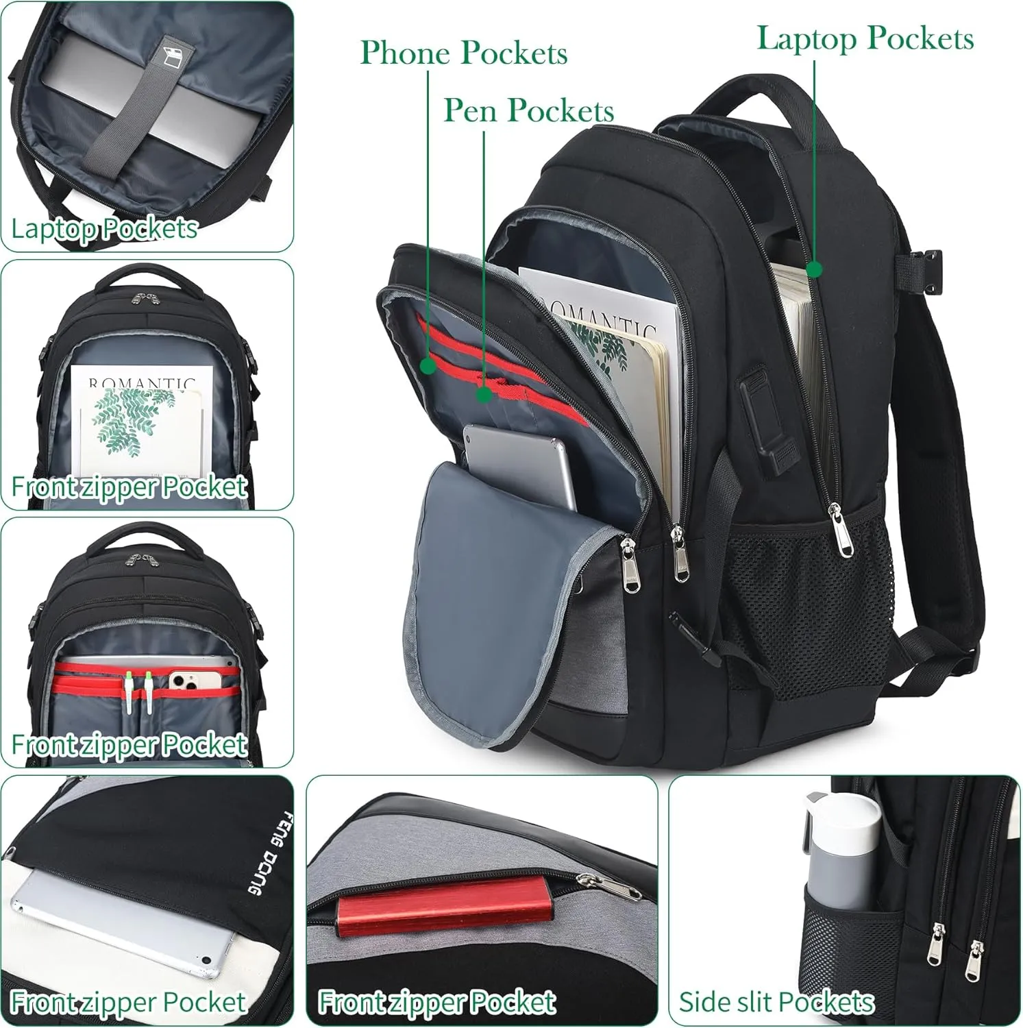 Large Laptop Backpack 17.3 inch Travel College Backpack Waterproof Bookbag for Men & Women Business Backpack with USB Charging Port and Headset Port Light