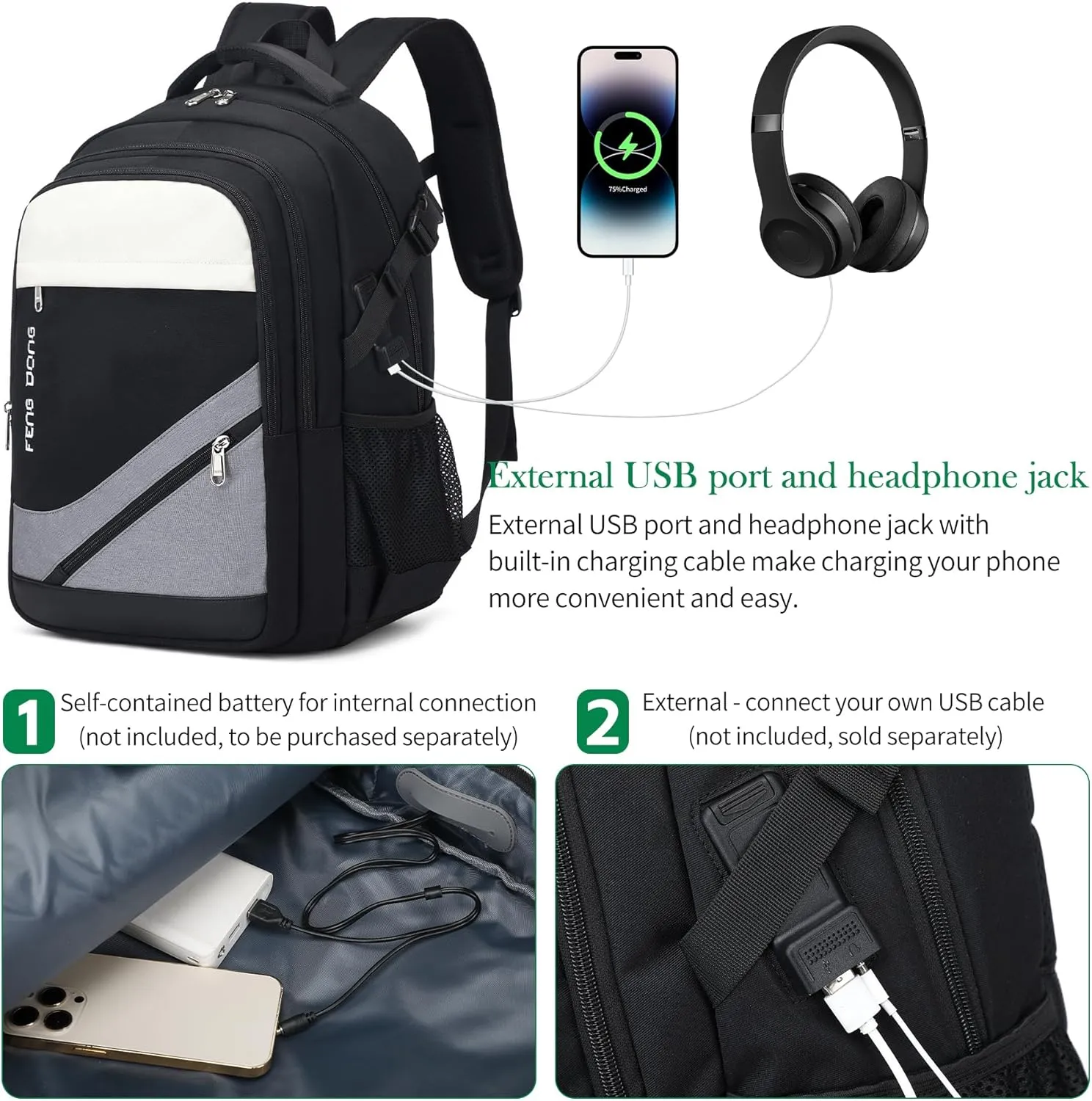 Large Laptop Backpack 17.3 inch Travel College Backpack Waterproof Bookbag for Men & Women Business Backpack with USB Charging Port and Headset Port Light