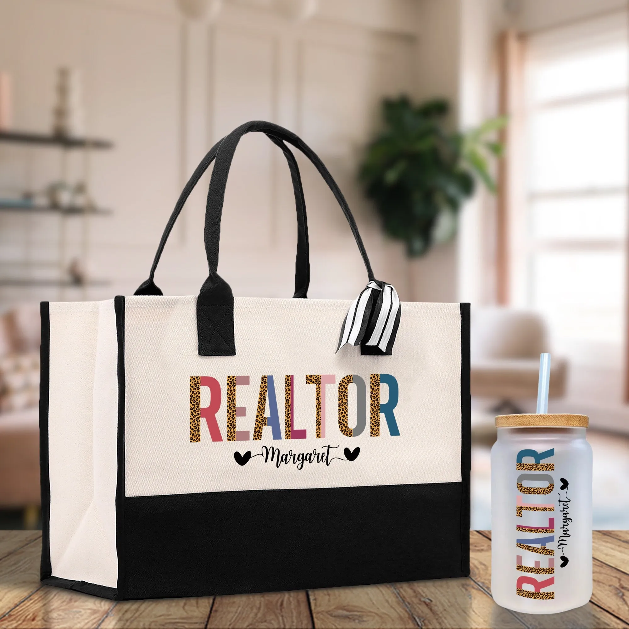 Leopard Colorful Realtor Custom Names Tote Bag Personalized Business Bag Custom Real Estate Agent Gift Bulk Business Logo Realtor Swag Bag