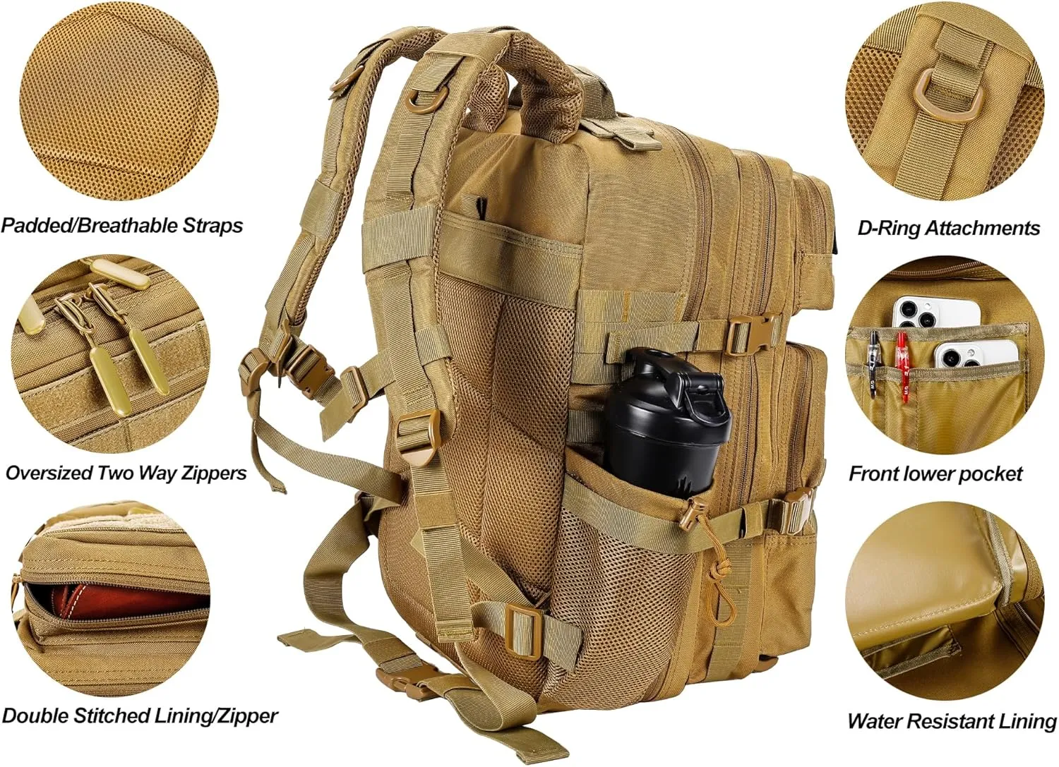 LHI Military Tactical Backpack for Men and Women 45L Army 3 Days Assault Pack Bag Large Rucksack with Molle System