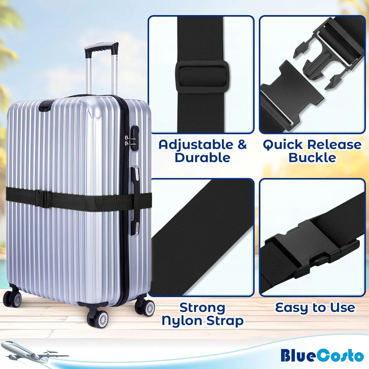 Luggage Straps for Suitcases - Black, 4 PK - Premium Nylon Belts for Luggage Security - Heavy-Duty w/Adjustable Length (46-78) for Suitcase, Briefcase, Backpack & Travel Bag