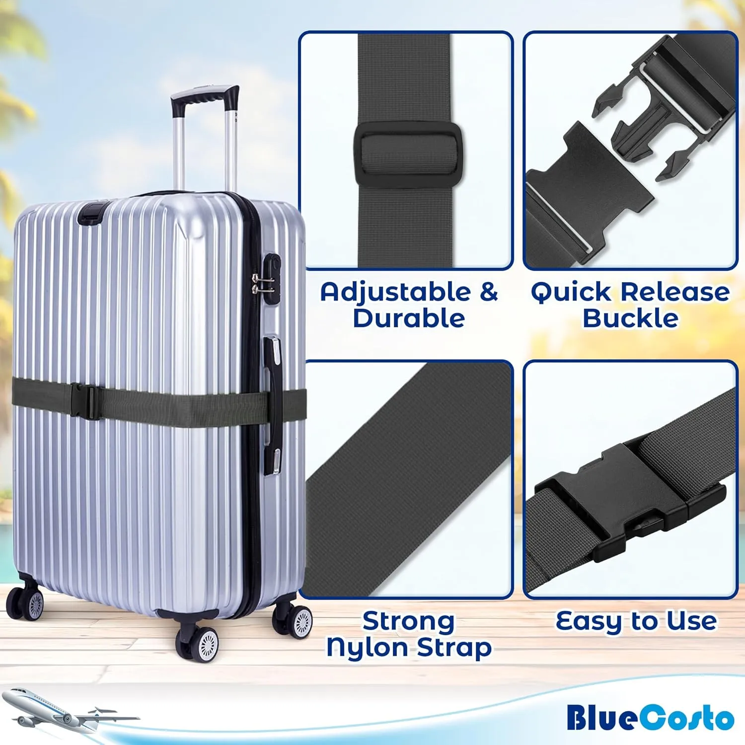 Luggage Straps for Suitcases - TSA Approved - Gray, 4 PK - Premium Nylon Belts for Suitcase, Briefcase & Travel Bag - Adjustable Strap Length 46" - 78"