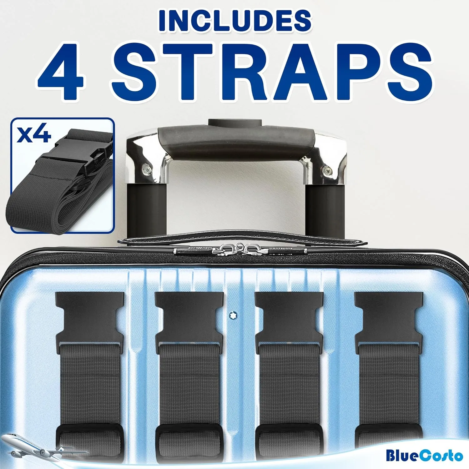 Luggage Straps for Suitcases - TSA Approved - Gray, 4 PK - Premium Nylon Belts for Suitcase, Briefcase & Travel Bag - Adjustable Strap Length 46" - 78"