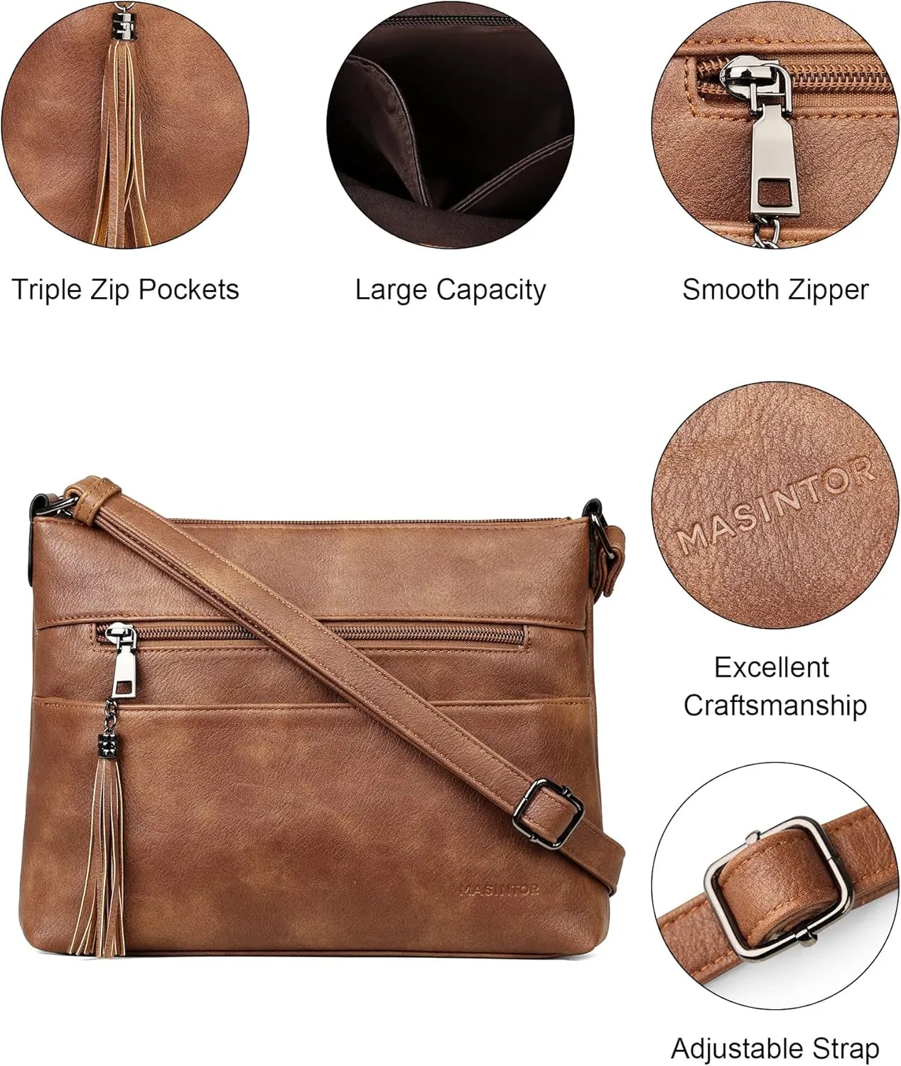 MASINTOR Crossbody Bags for Women, Lightweight Medium Crossbody Purse, Soft Leather Women's Shoulder Handbags with Tassel for Shopping or Travel