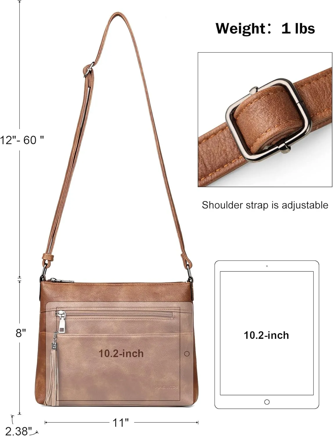 MASINTOR Crossbody Bags for Women, Lightweight Medium Crossbody Purse, Soft Leather Women's Shoulder Handbags with Tassel for Shopping or Travel