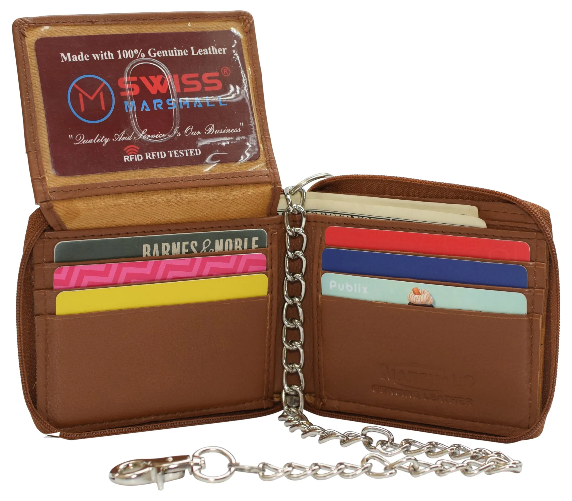 Men's Zipper RFID Blocking Premium Leather Zip-Around ID Bifold Biker Chain Wallet