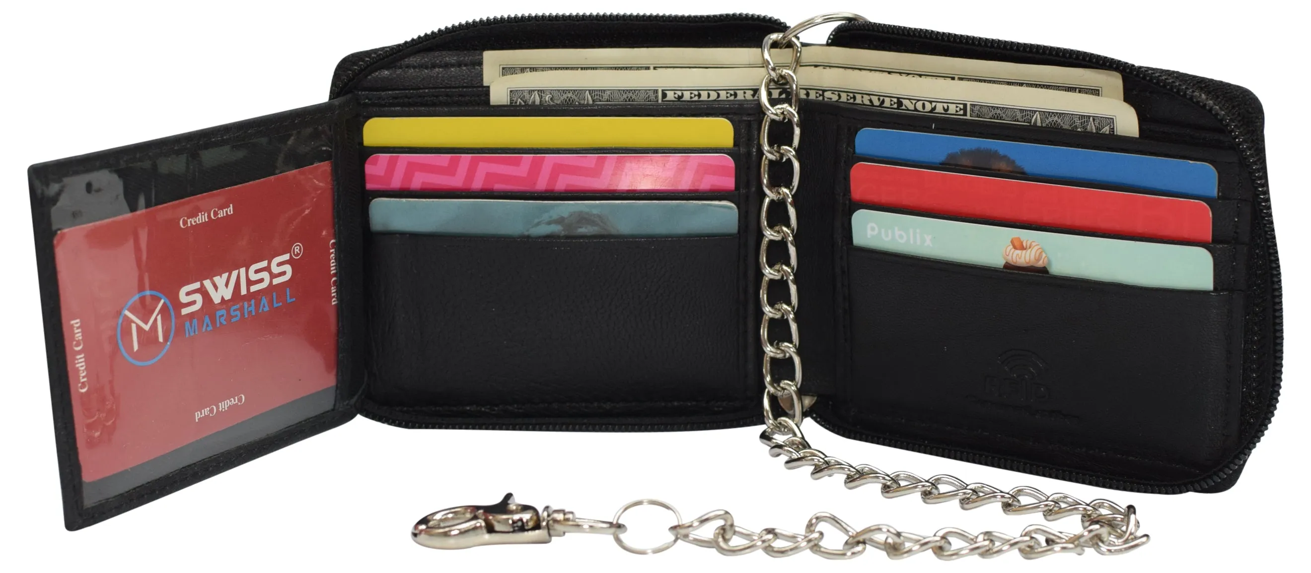 Men's Zipper RFID Blocking Premium Leather Zip-Around ID Bifold Biker Chain Wallet