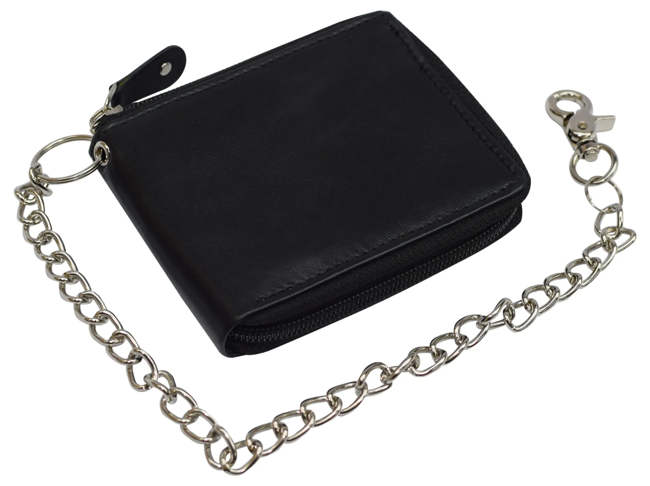 Men's Zipper RFID Blocking Premium Leather Zip-Around ID Bifold Biker Chain Wallet