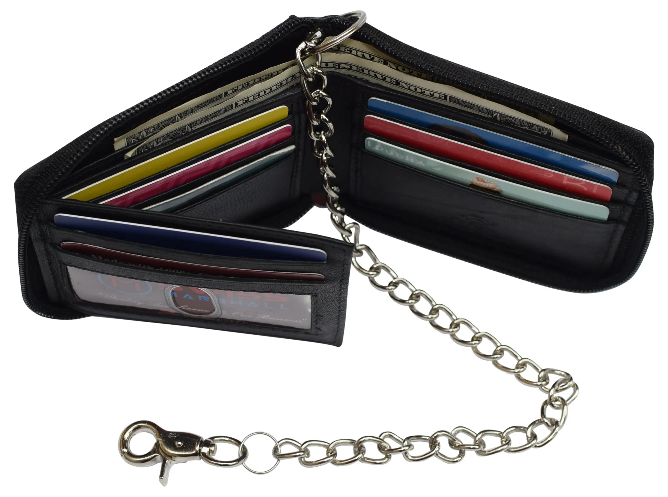 Men's Zipper RFID Blocking Premium Leather Zip-Around ID Bifold Biker Chain Wallet