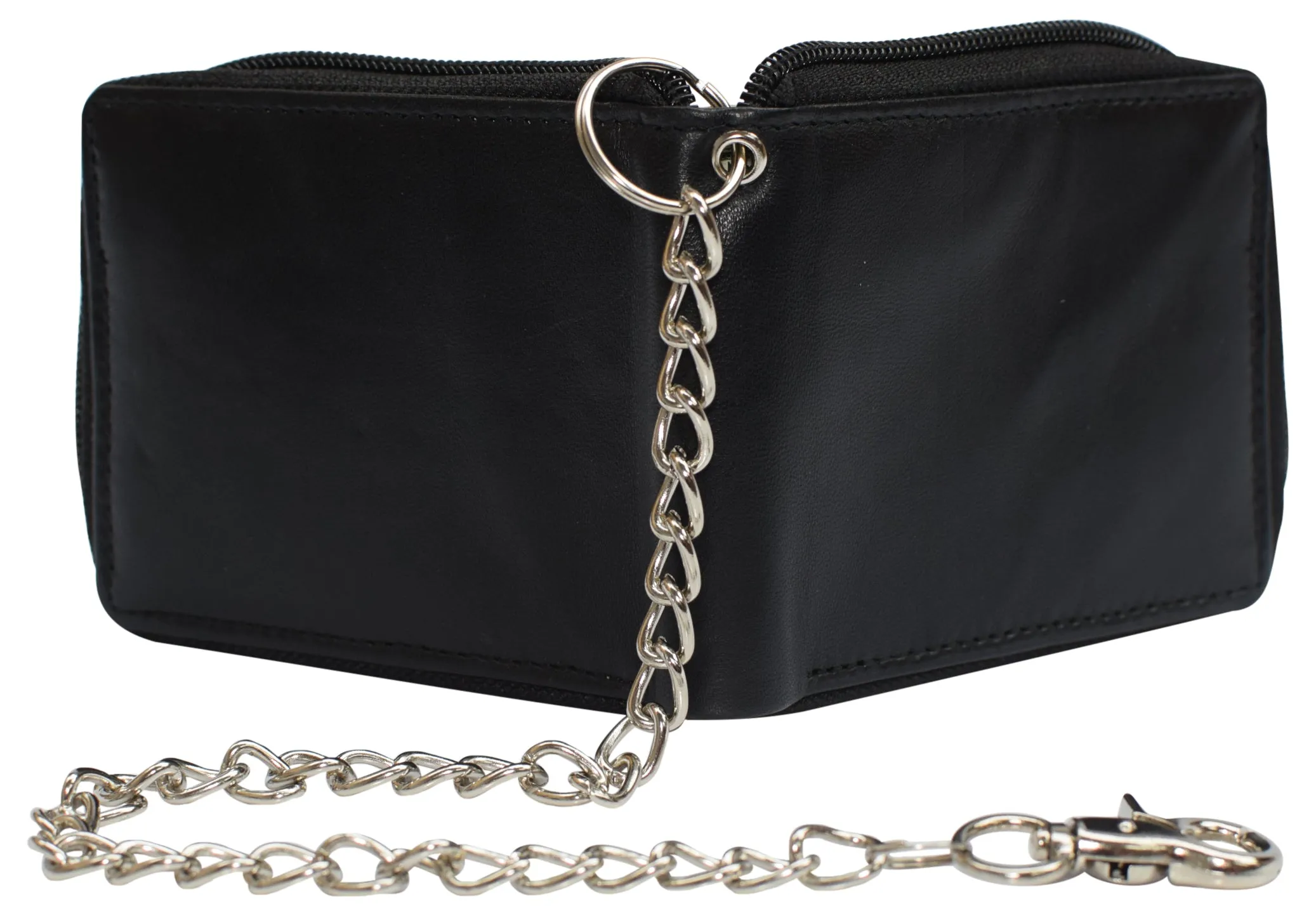 Men's Zipper RFID Blocking Premium Leather Zip-Around ID Bifold Biker Chain Wallet