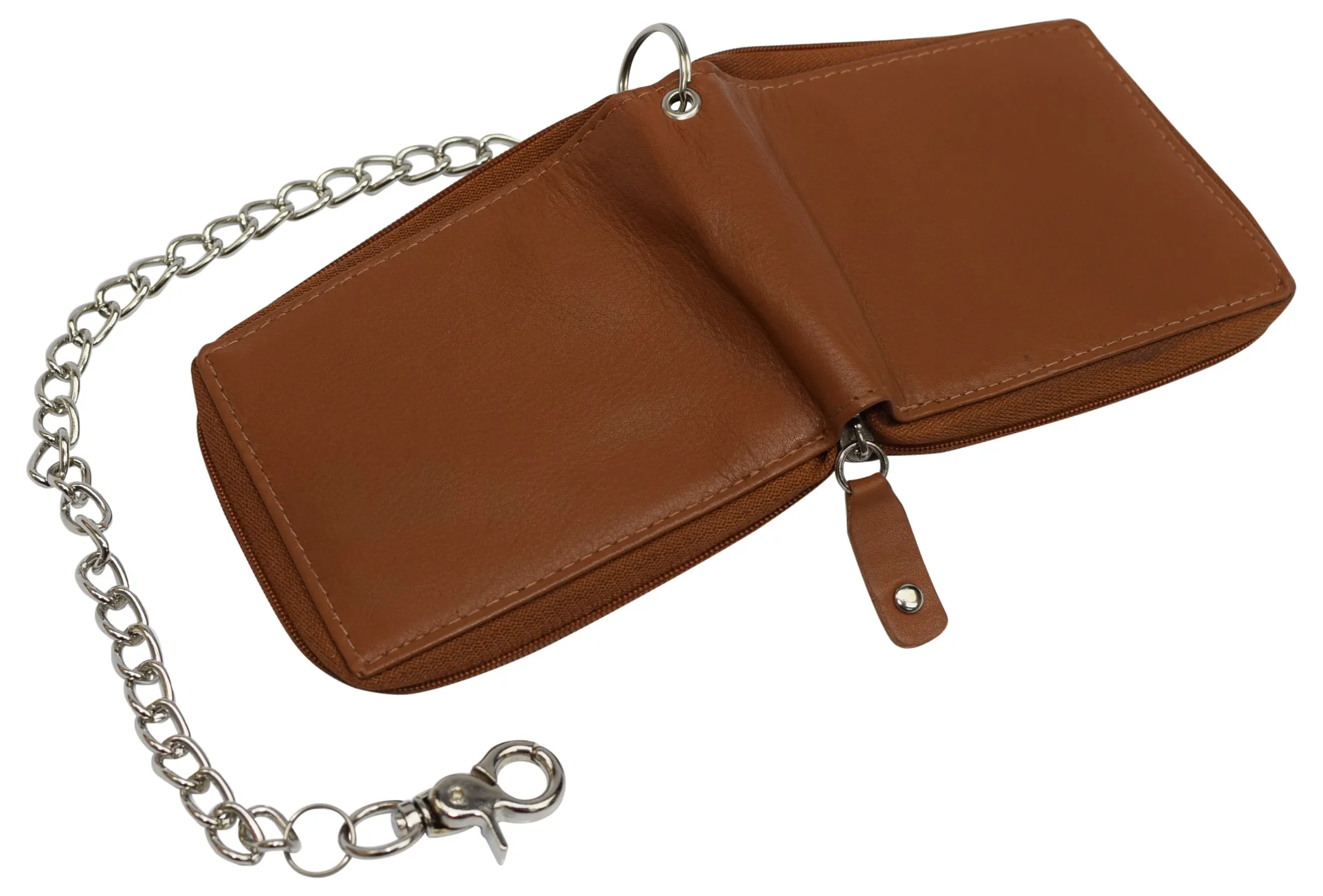 Men's Zipper RFID Blocking Premium Leather Zip-Around ID Bifold Biker Chain Wallet